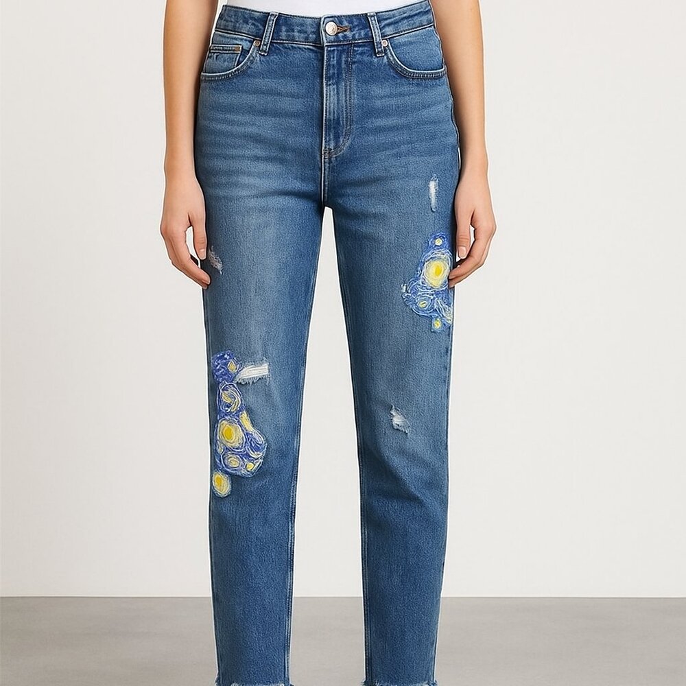 Nicole Miller Starry Night Painted Jeans Size 10 Artistic Distressed Denim